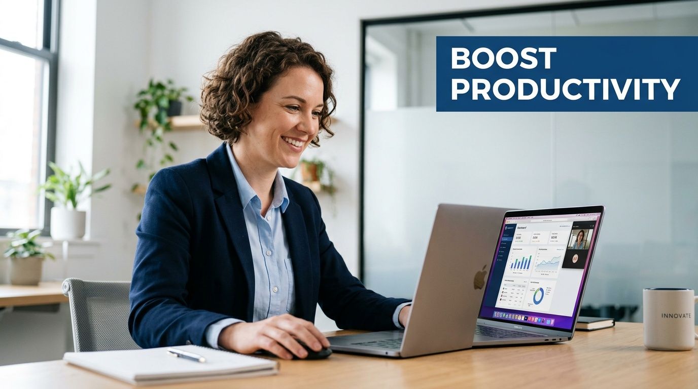 A professional woman smiling while working on a laptop in a bright, modern office space.