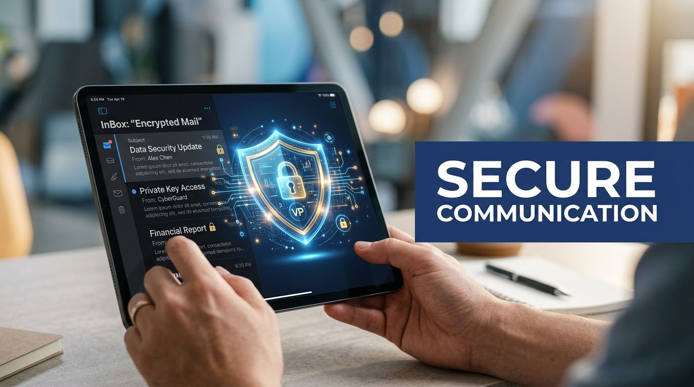 A professional using a tablet to view encrypted email alerts featuring a digital security shield graphic.