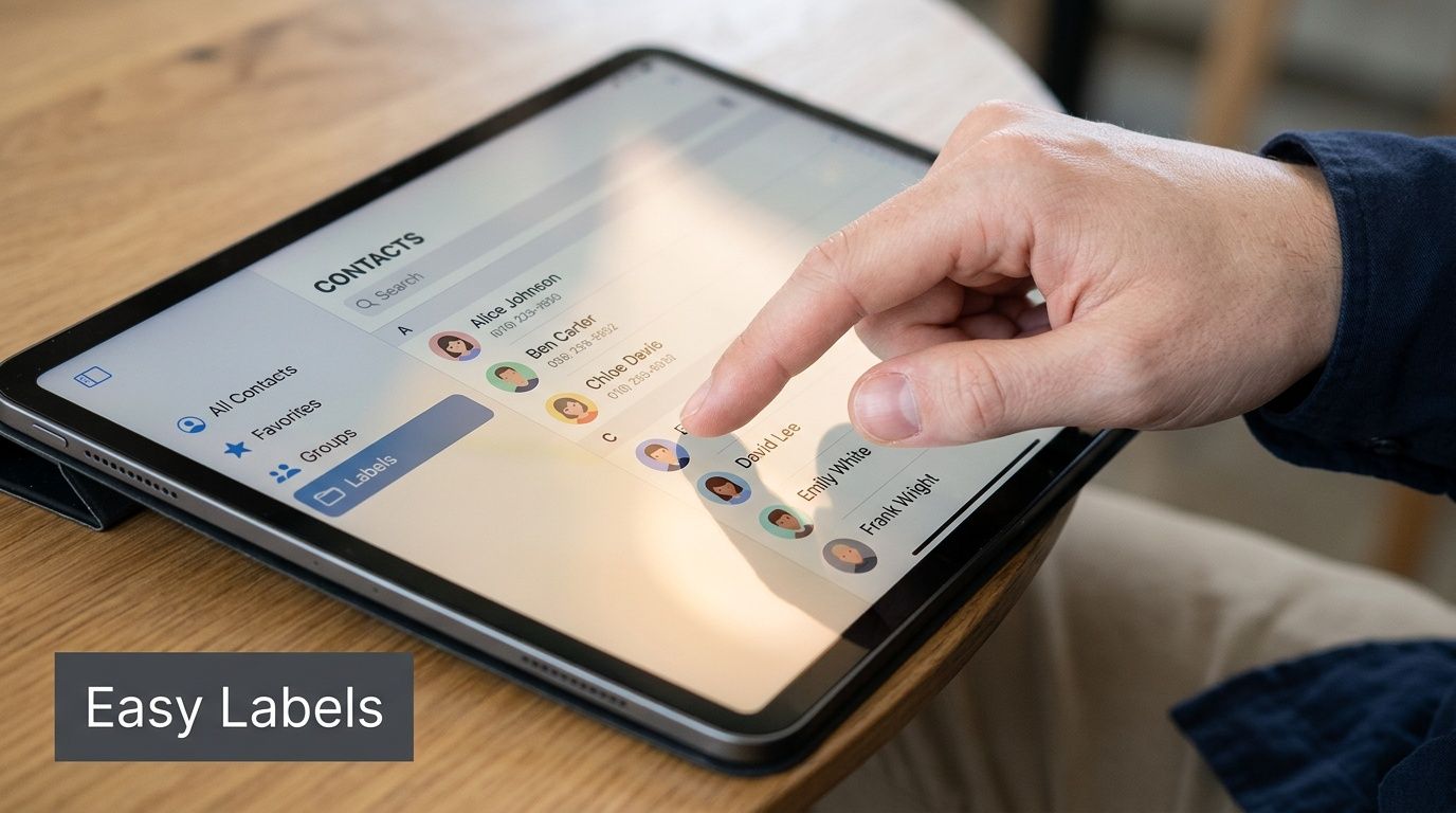A person using a tablet to manage contact labels with a focus on an organized list.