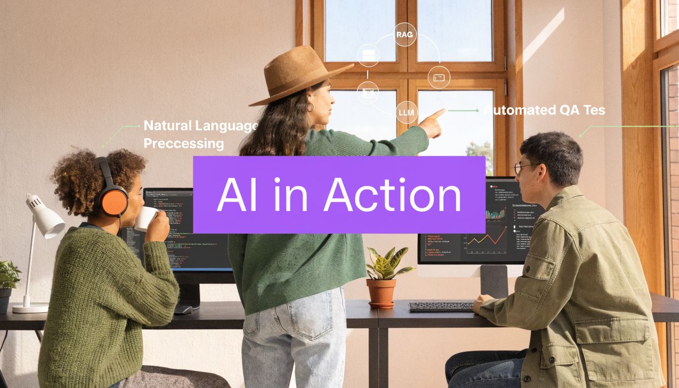 A team of three diverse developers collaborating on artificial intelligence projects in a modern, sunlit office workspace.