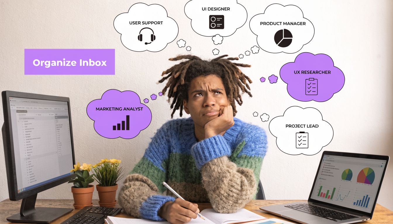 A person sitting at a desk thinking about various professional job roles while organizing their inbox.