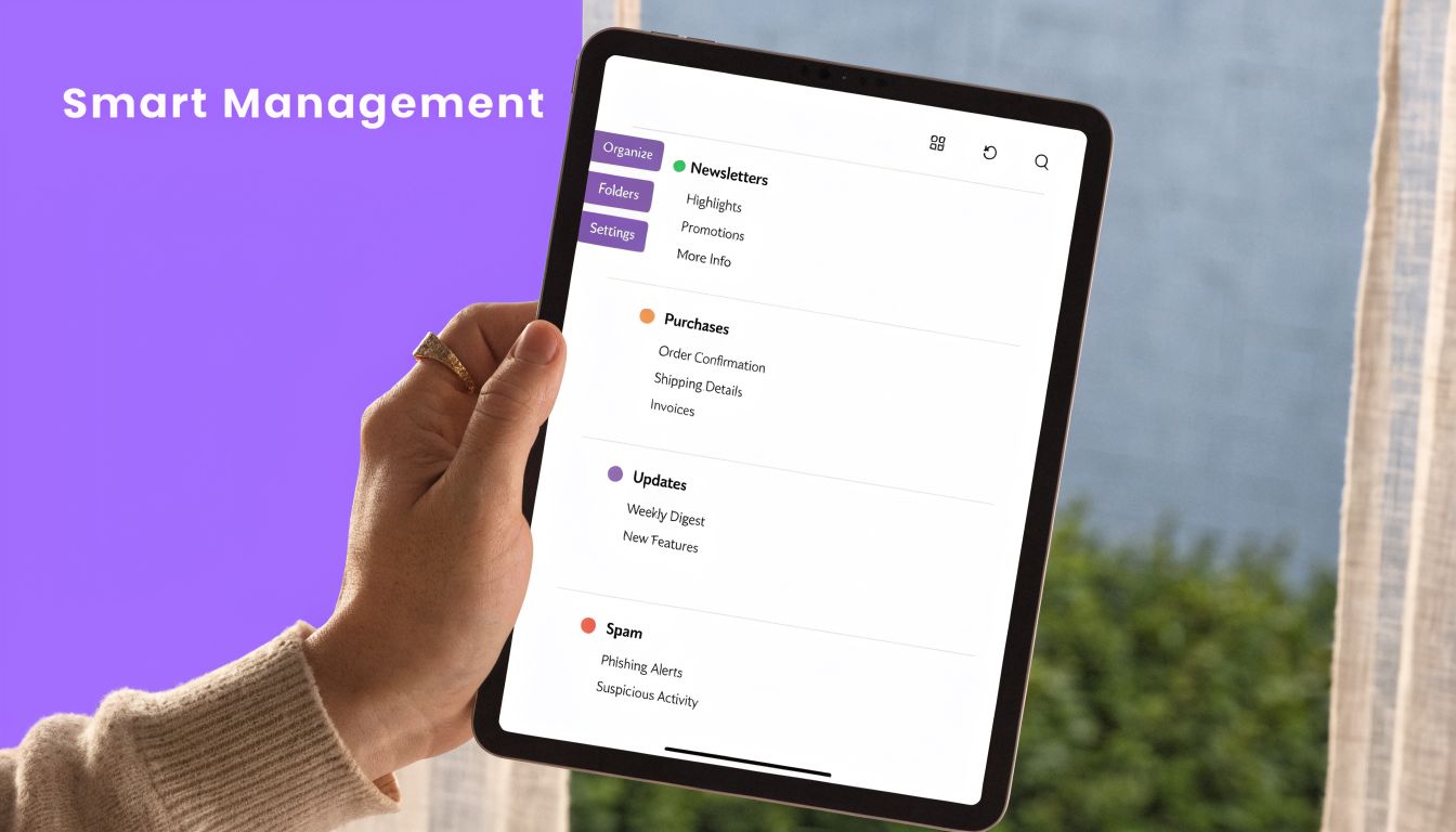 A hand holding a tablet displaying an email management interface with organized categories like newsletters and purchases.