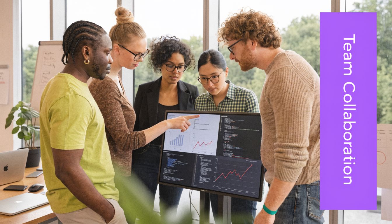 A diverse group of software developers collaborating while analyzing code and data charts on a monitor.