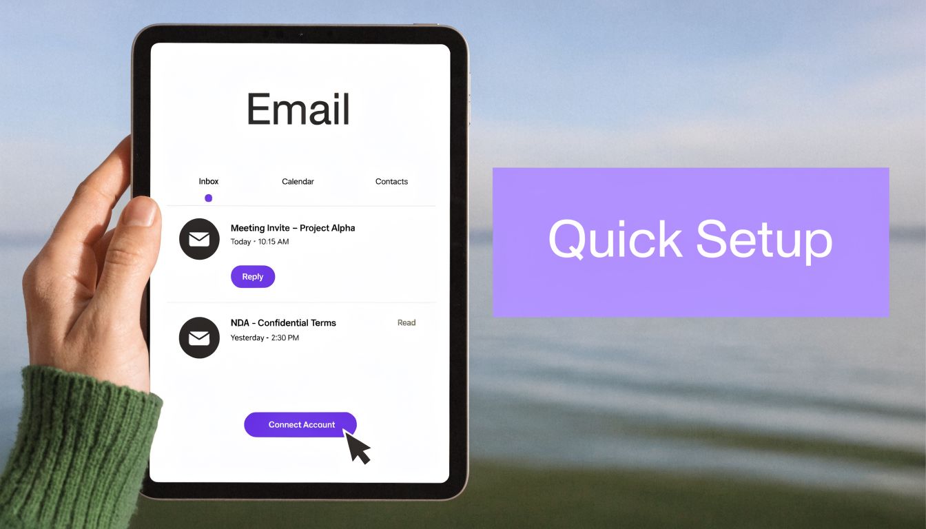 A hand holding a tablet displaying an email interface with a purple setup button.