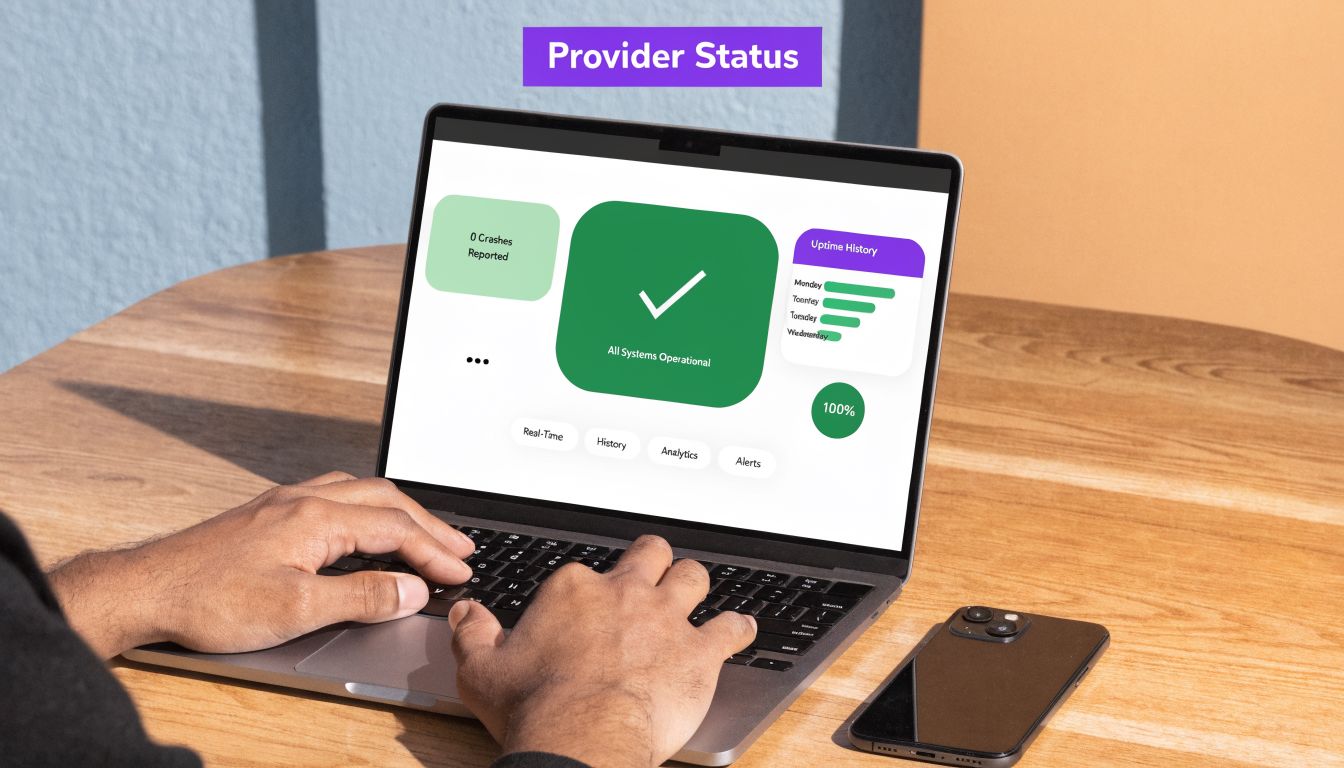 A person working on a laptop displaying a provider status dashboard with operational system indicators.