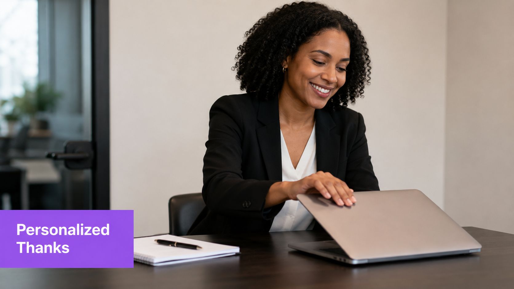 A smiling professional woman closing her laptop after finishing her work at a desk in an office.