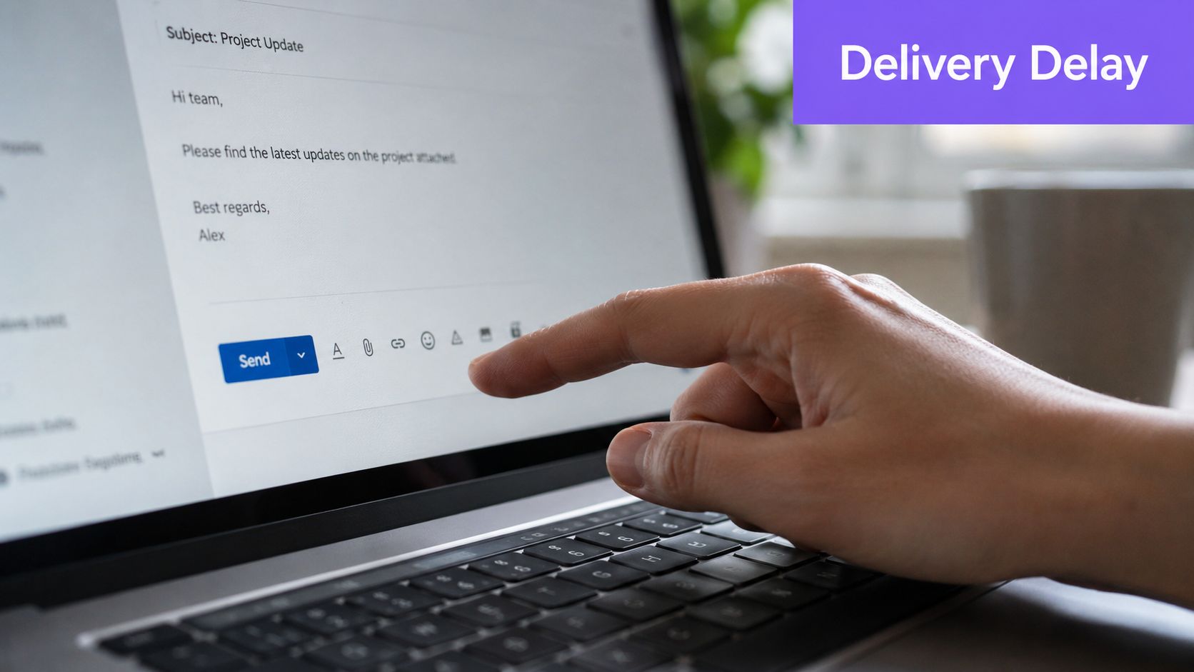 A person pointing at the send button on a laptop screen while drafting an email message.