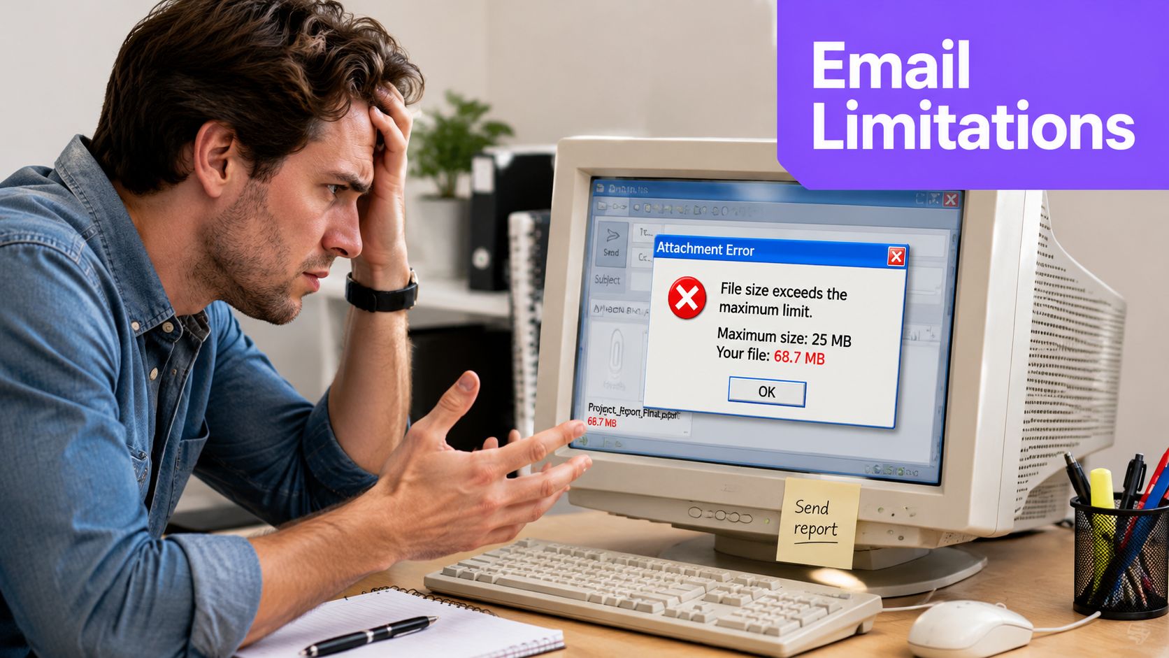 A frustrated man looking at a computer screen showing an email attachment file size limit error message.