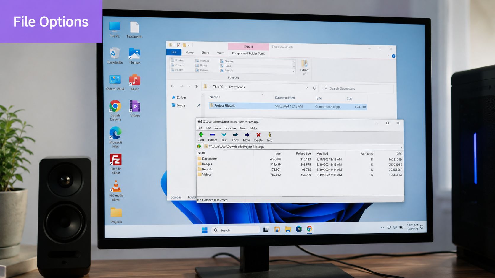 A desktop monitor displaying Windows file management software showing compressed files in a project folder.