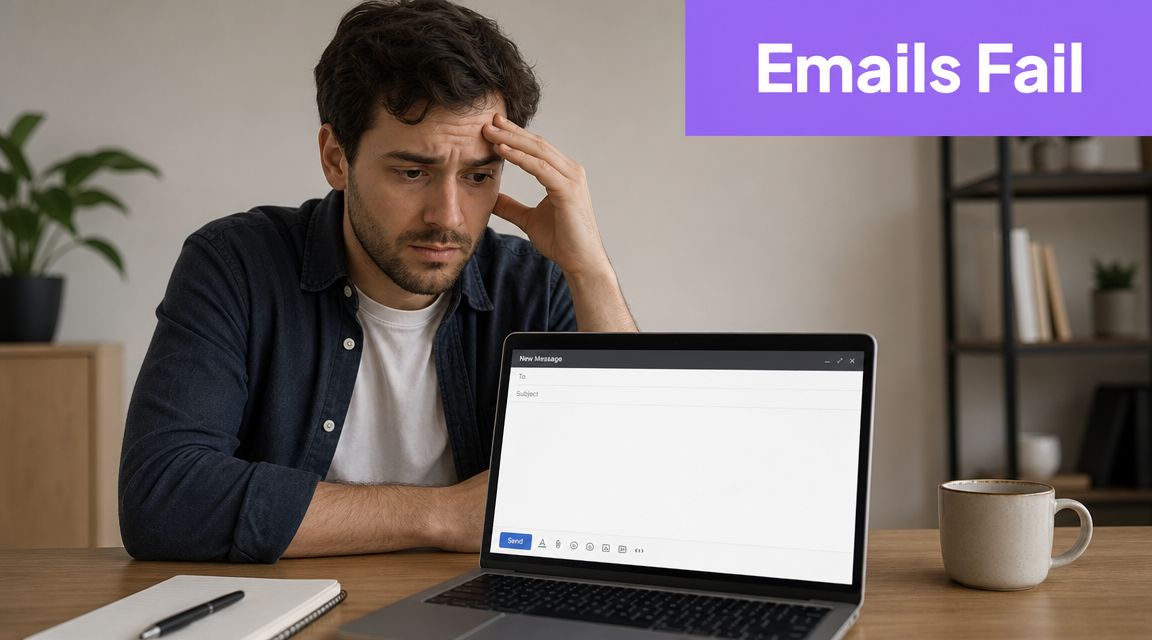 A stressed man looking at his laptop screen while attempting to compose a new email message.
