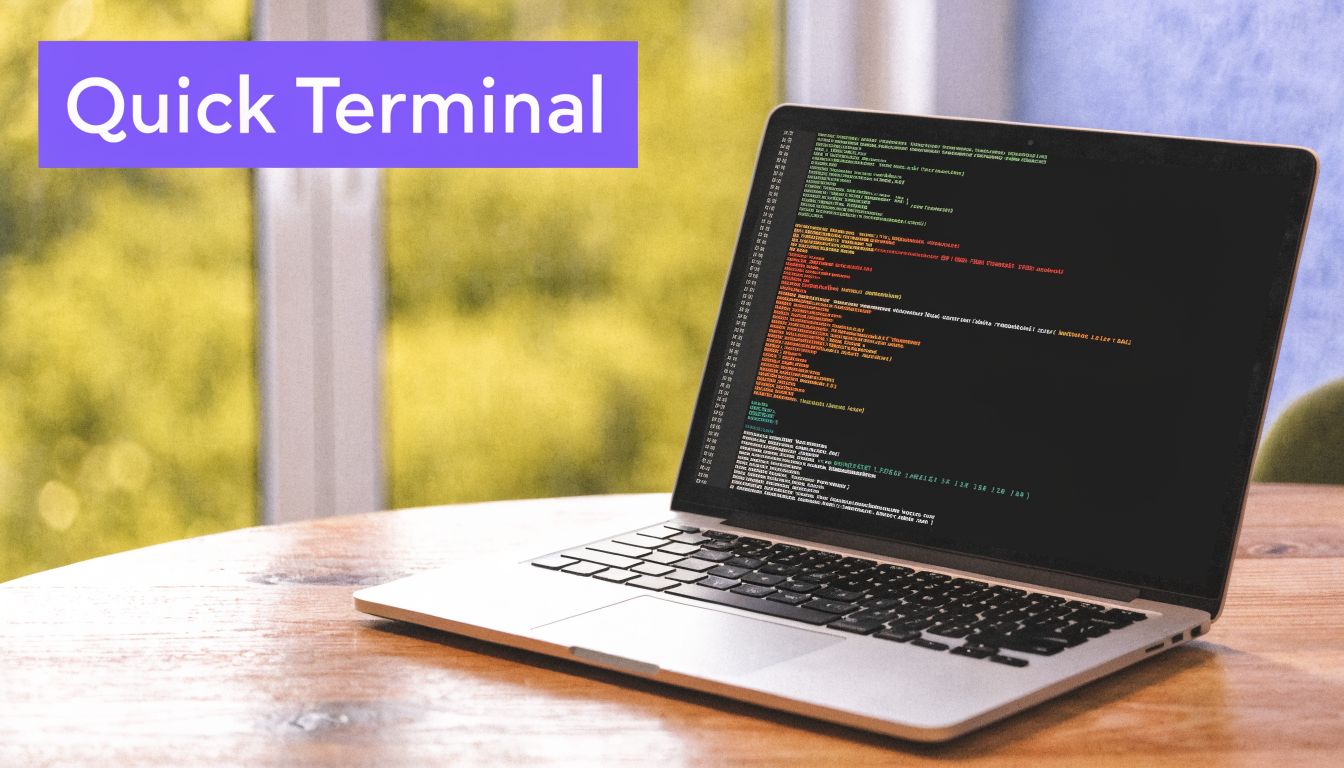 A silver laptop sitting on a wooden table displays command line code on its screen.