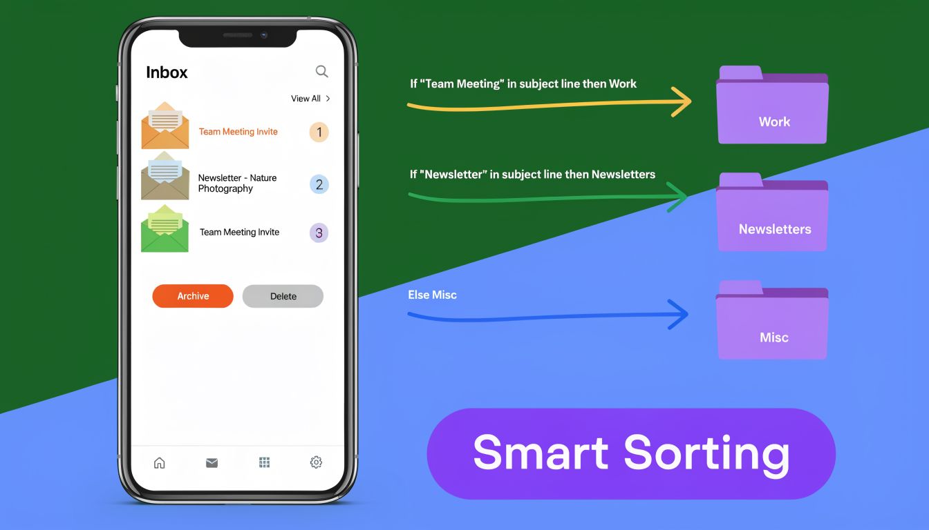 A smartphone app interface demonstrating a smart sorting feature that organizes emails into different folders based on subject lines.