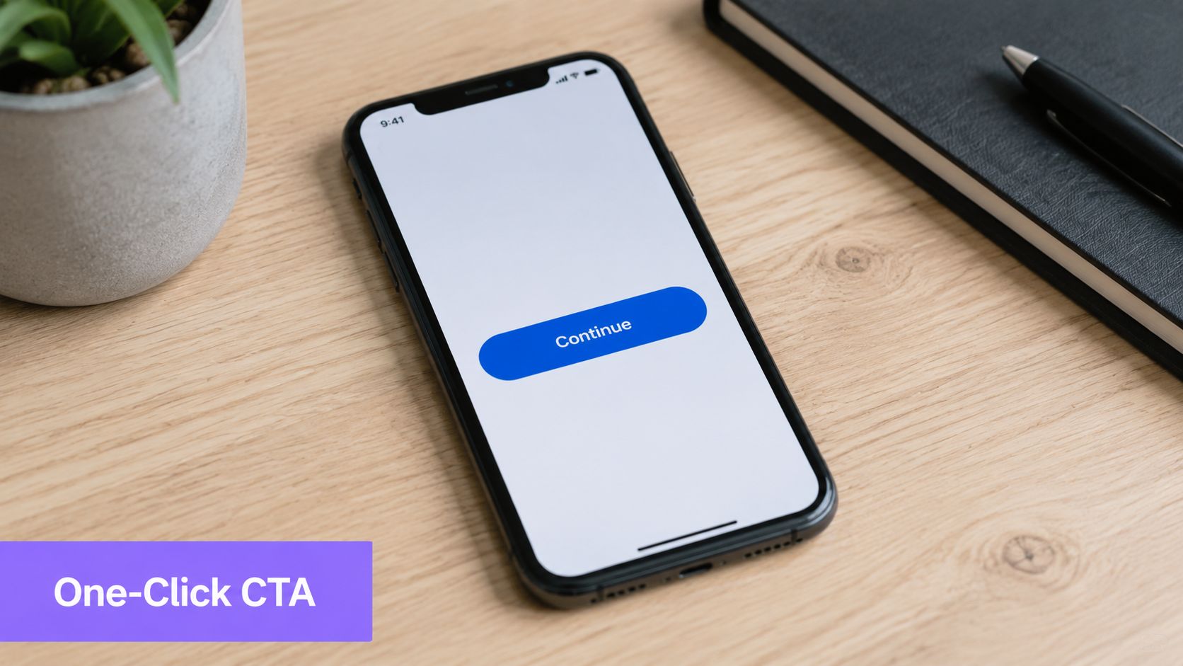 A smartphone resting on a wooden desk displaying a simple blue continue button on the screen.
