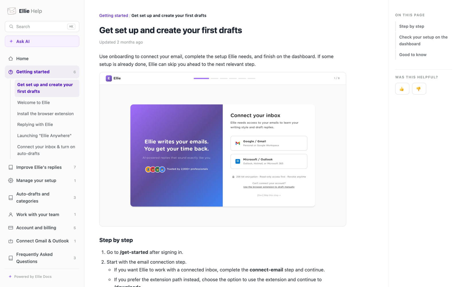A help article on help.tryellie.com, written by Ellie Docs, with a screenshot of the product it captured itself