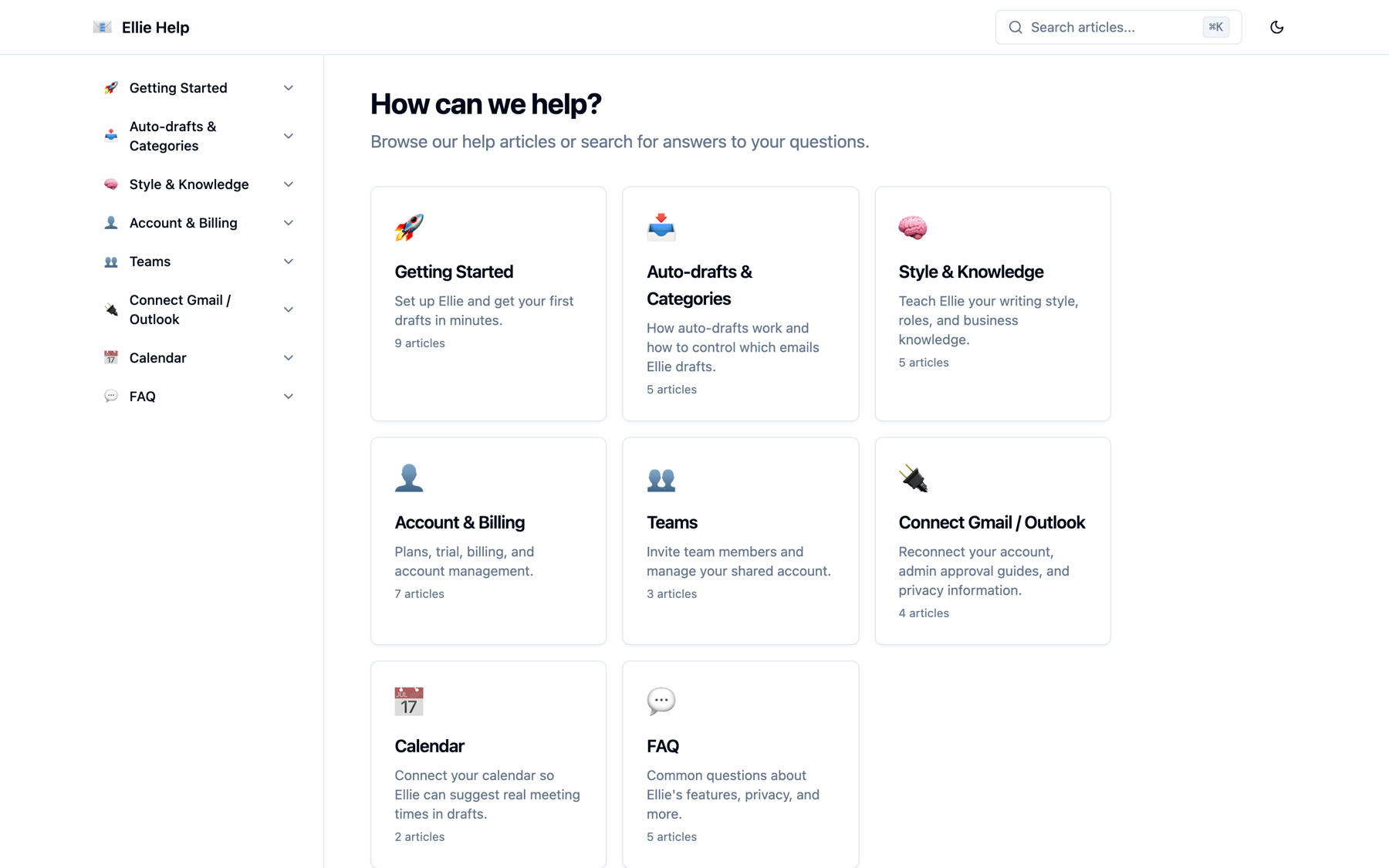 A live help centre published by Ellie Docs, with sections, article cards and search