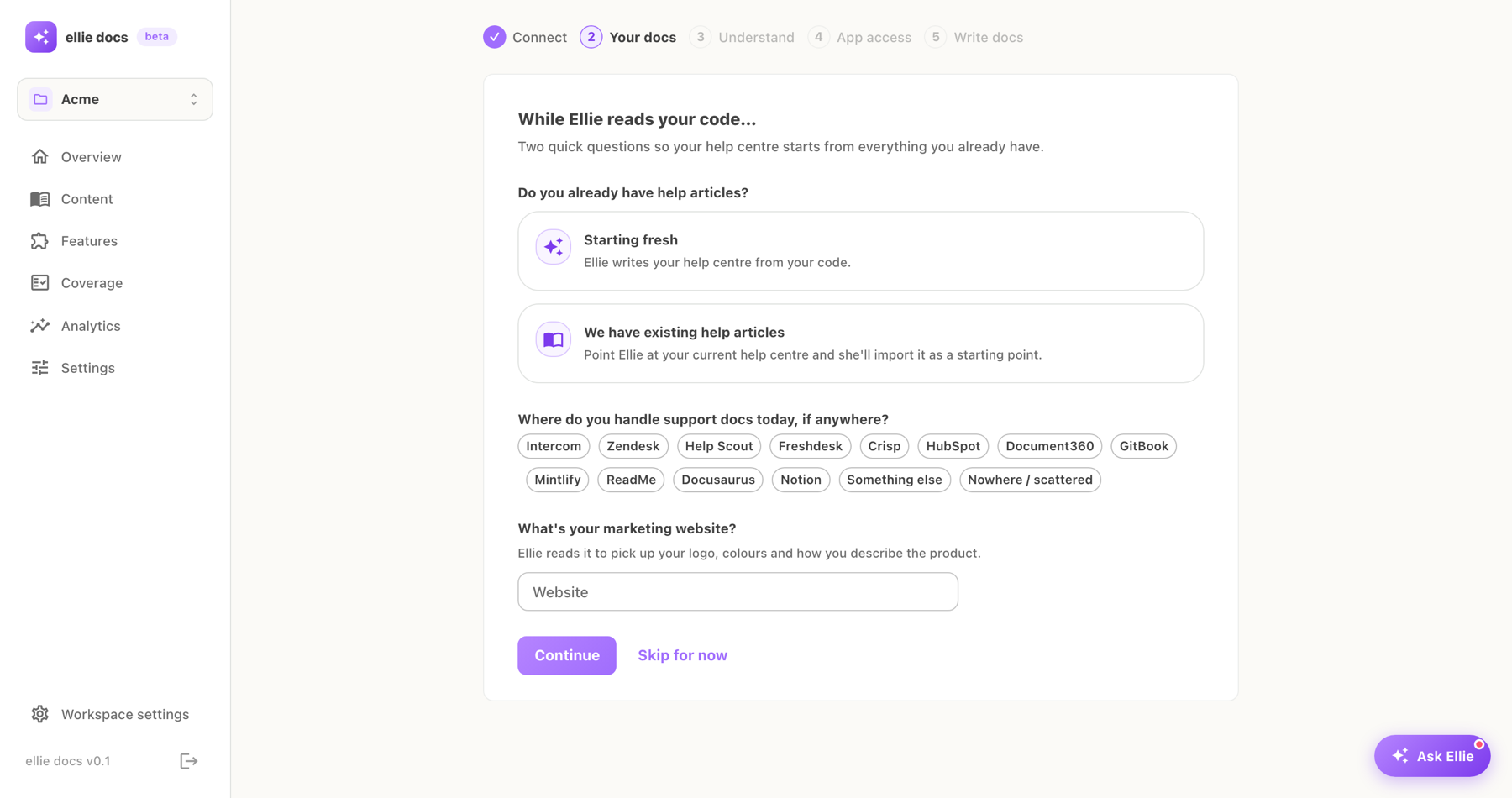 Ellie Docs onboarding asking whether you have existing help articles, with a picker for current documentation tools
