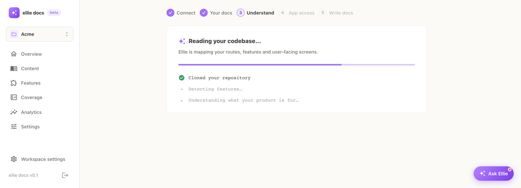 Ellie Docs onboarding wizard reading a connected repository, with live progress through cloning, feature detection and product understanding